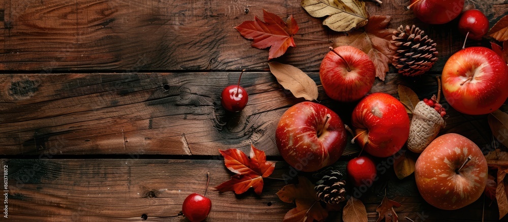 Poster top view of an autumn-themed still life on a wooden background with copy space for text.