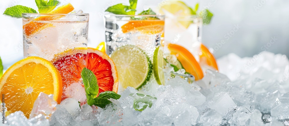 Aufkleber summery alcoholic drink with citrus fruits on ice in a copy space image.