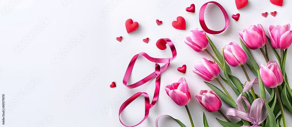 Poster valentine's day themed image featuring pink tulips, hearts, and ribbon on a white background, with s