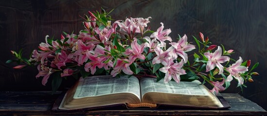 A symbol of renewal and new beginnings, spring flowers in front of an open bible provide a poignant copy space image.