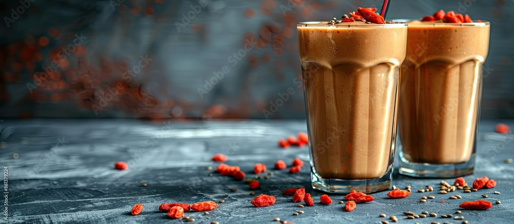 Aufkleber Glasses on the table showcase a refreshing smoothie garnished with vibrant goji berries against a blank backdrop for a copy space image.