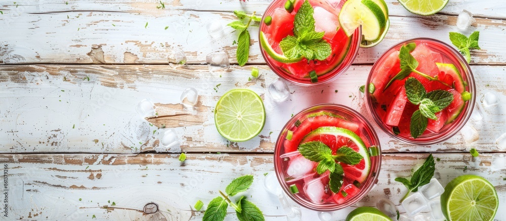 Poster refreshing summer beverage made with watermelon, mint, and lime on a rustic white wood surface, offe