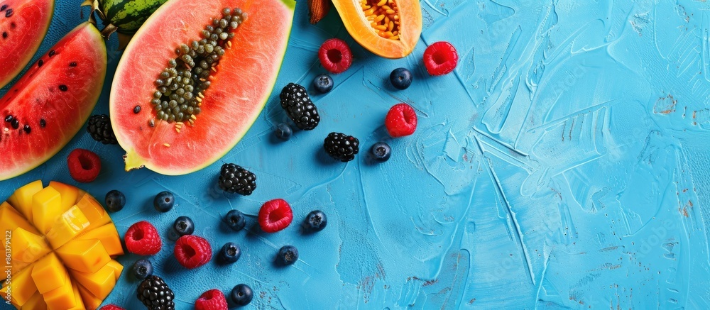 Poster fresh juicy berries, watermelon, and papaya arranged on a blue background in a top-view composition,