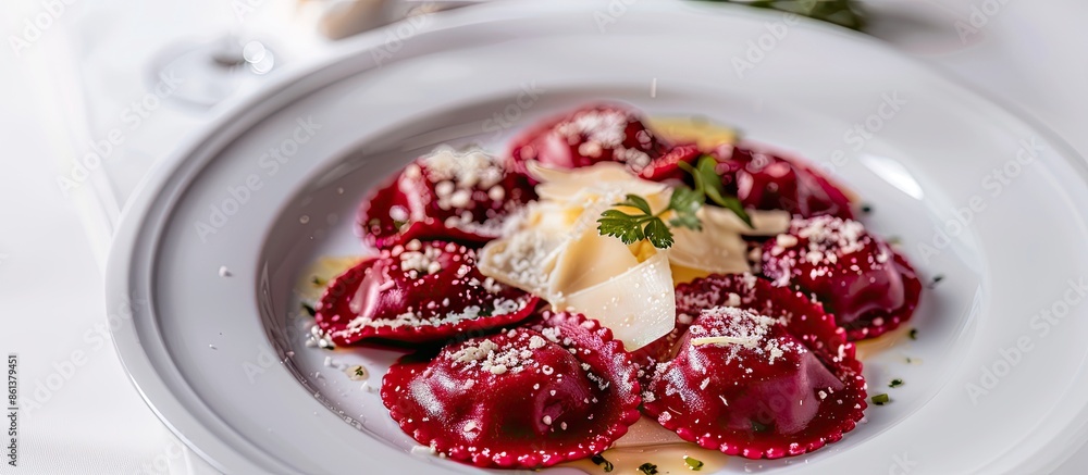 Poster Red beetroot ravioli with cheese presented on a white plate with a plain background for a stunning copy space image.
