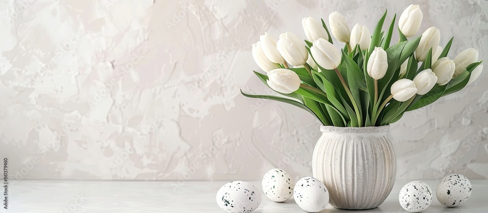 Aufkleber flat lay composition with white tulips in a vase and easter eggs on a light background, ideal for co