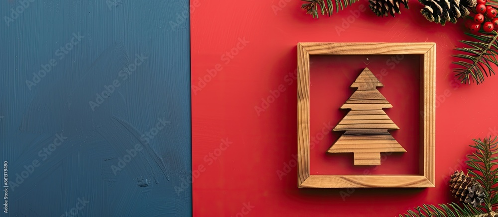 Aufkleber a flat lay image featuring a wooden christmas tree inside a picture frame, offering room for text wi