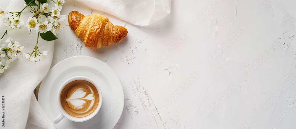 Poster top view of a white table with a croissant, coffee cup, and lots of empty space for additional image