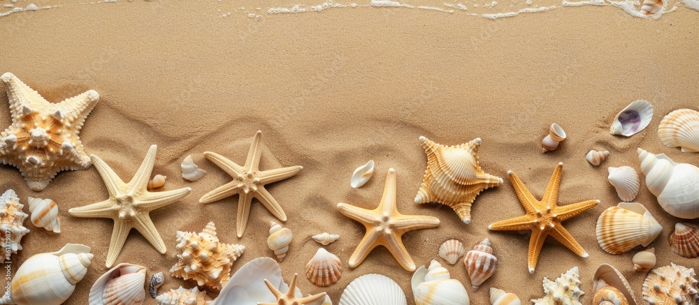 Poster flat lay arrangement featuring lovely starfish and seashells on sandy beach with copy space image.