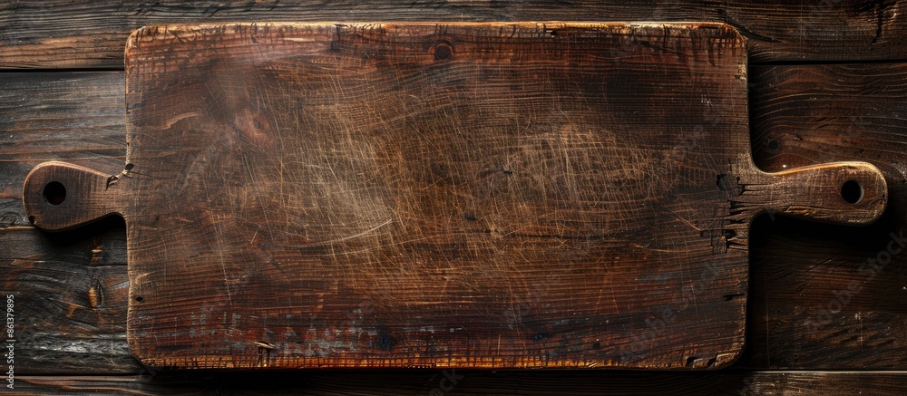 Aufkleber Aged cutting board rests on a rustic wooden table, seen from above with empty space for text or design in the image. copy space available