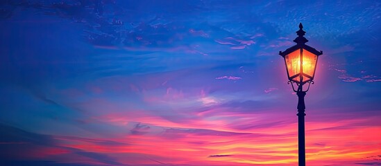 Obraz premium Silhouetted street light on colorful blue sky with copy space image.