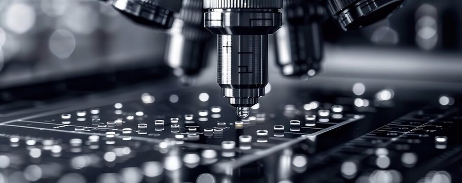 Automated DNA sequencing process, hightech lab equipment, closeup, precise genetic analysis, digital binary as object, black and white, copy space for text,