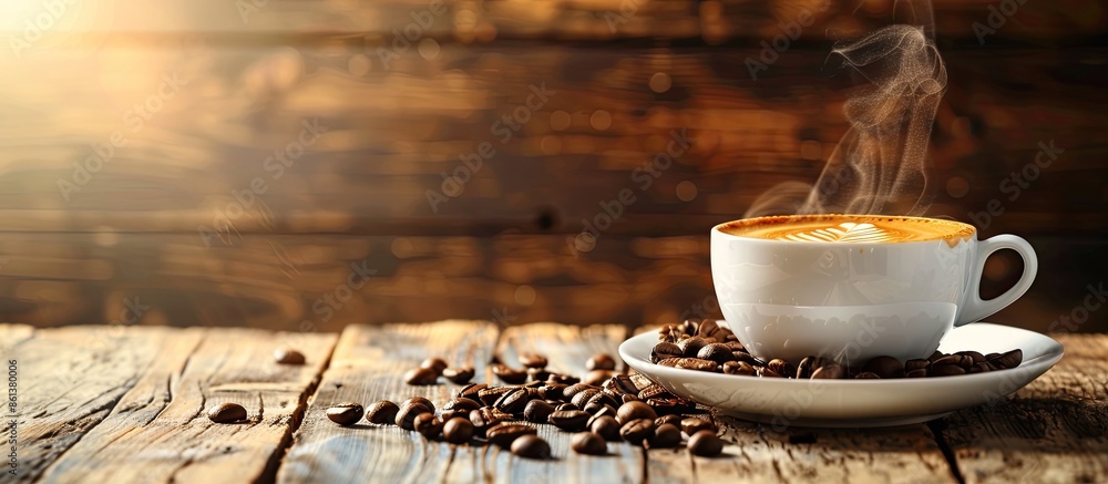 Poster a steaming cup of coffee with copy space image to show its rich aroma.