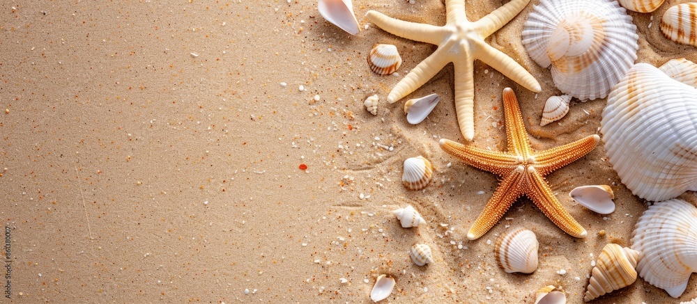 Poster flat lay arrangement featuring lovely starfish and seashells on sandy beach with copy space image.