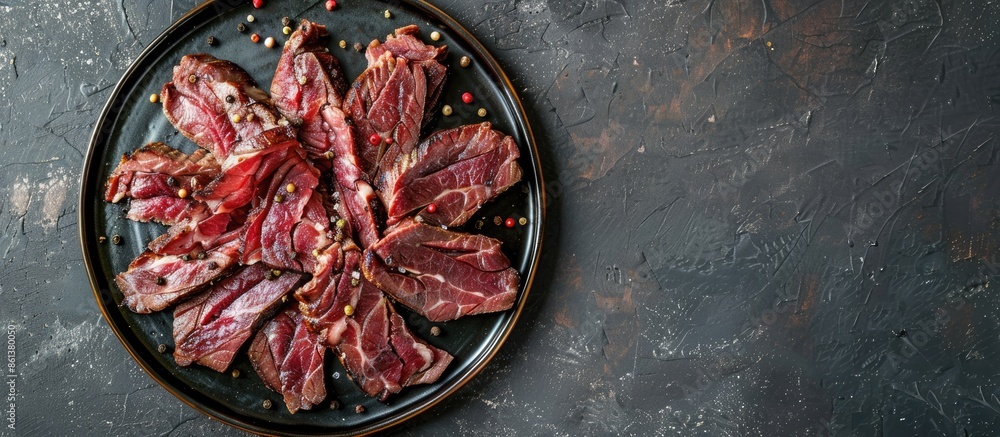 Poster grilled sheep pastrami on a plate with copy space image.
