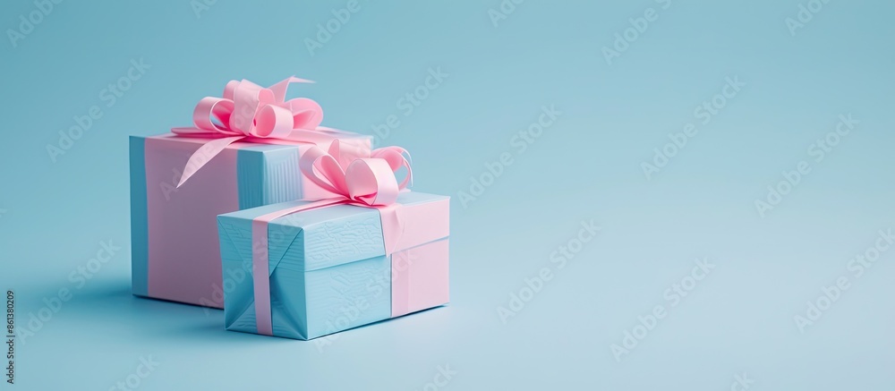 Poster minimalist photography showcasing two gift boxes in pink and blue hues on a serene blue backdrop wit