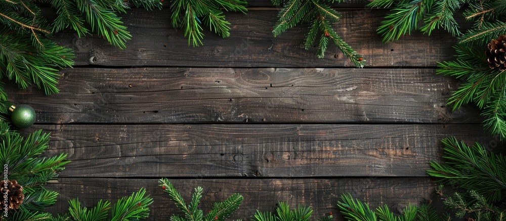 Poster wooden christmas background adorned with fir branches and favorable for inserting an image in the bl