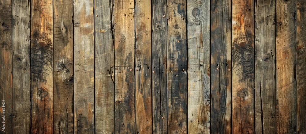 Poster brown weathered wooden plank providing a rustic texture on an old wall, creating a natural pattern i