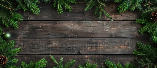 Wooden Christmas background adorned with fir branches and favorable for inserting an image in the...
