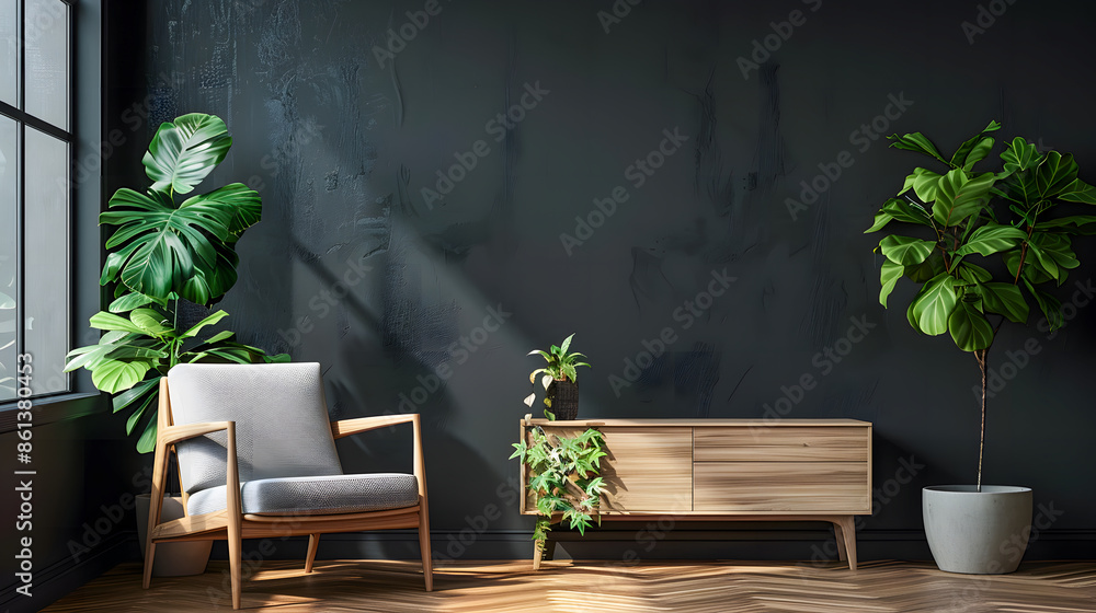 Wall mural Wall mounted tv and wooden cabinet with gray armchair in modern living room the concrete wall, Bright color, ultra realistic - Wall murals