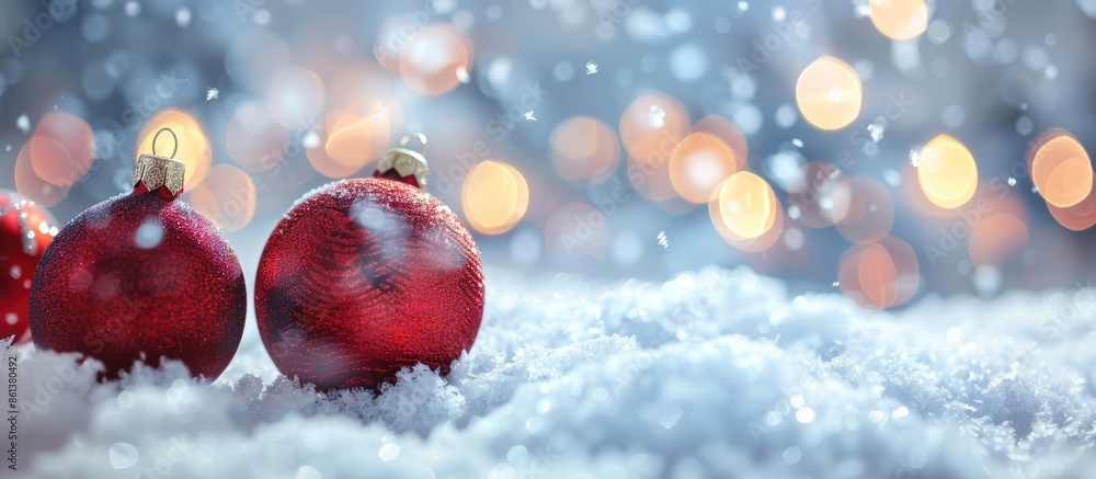 Poster festive christmas background featuring baubles on snow with available copy space image for text.