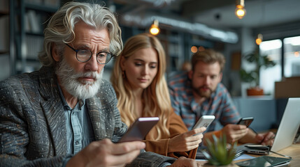 A group of colleagues, including a distinguished older man with a white beard and glasses, and two younger professionals, are focused on their smartphones in a modern office setting