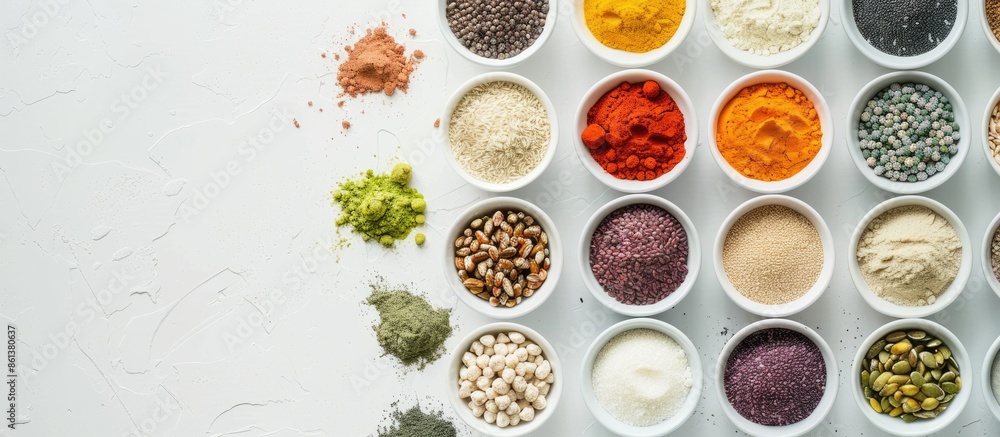 Aufkleber Top view of a variety of superfoods arranged neatly on a light background, emphasizing a balanced diet and clean eating concept with available copy space image.