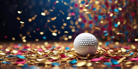 Fototapeta premium golf ball amid falling confetti, an indoor celebration scene, symbolizing victory, competition, or success