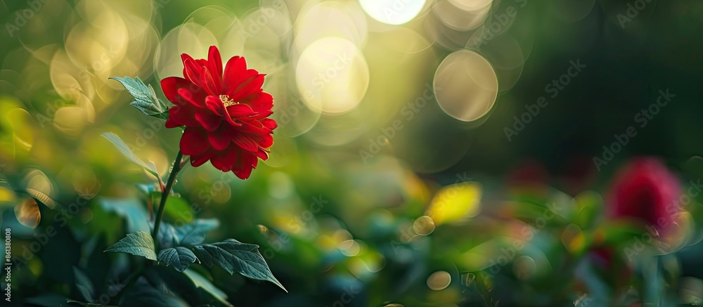Poster a red flower in the park shown up close in the copy space image.