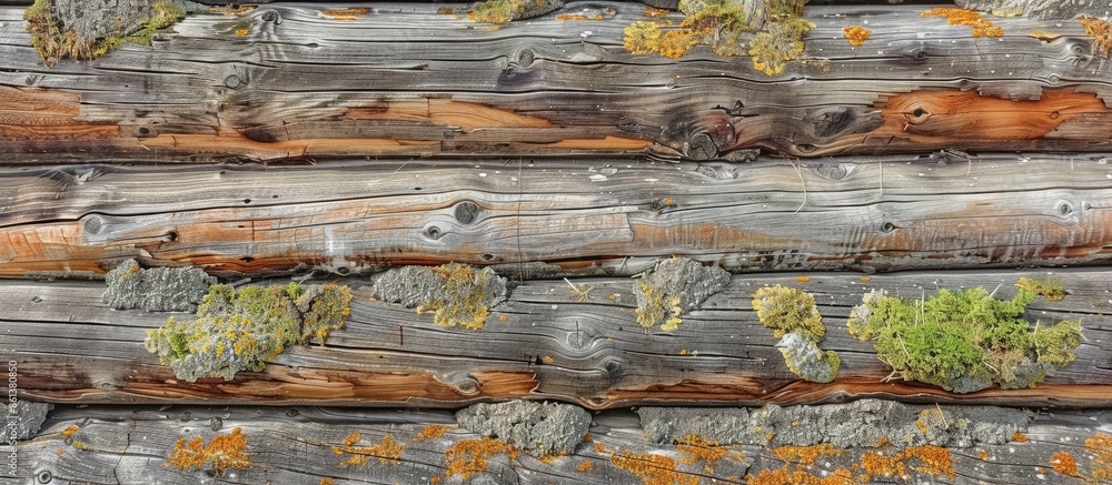 Aufkleber Old weathered horizontal logs with knots and moss create a beautiful wooden background in a side view of an old wall, ideal for a copy space image.