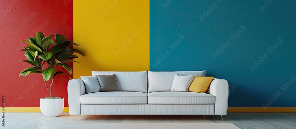 Aufkleber living room mockup with a sofa against a colorful wall, featuring empty space for artwork or ads; th