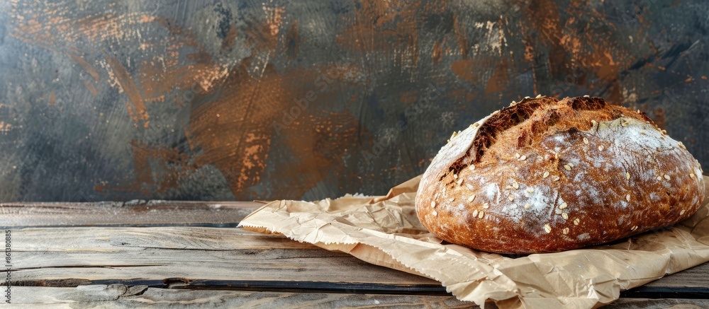 Poster horizontal image of a rustic homemade buckwheat bread on kraft paper against a dark old wooden backd