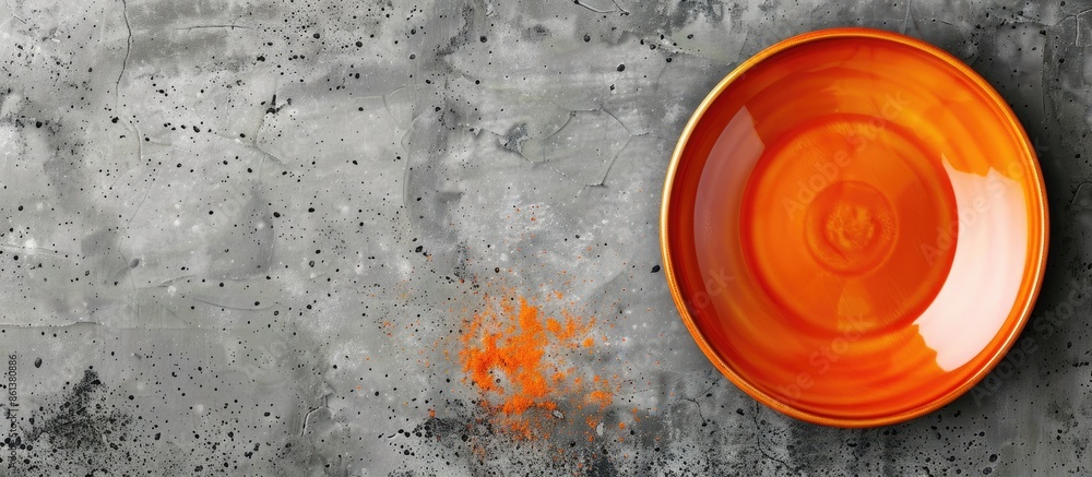 Poster an orange plate on a concrete background with ample copy space image for your design.