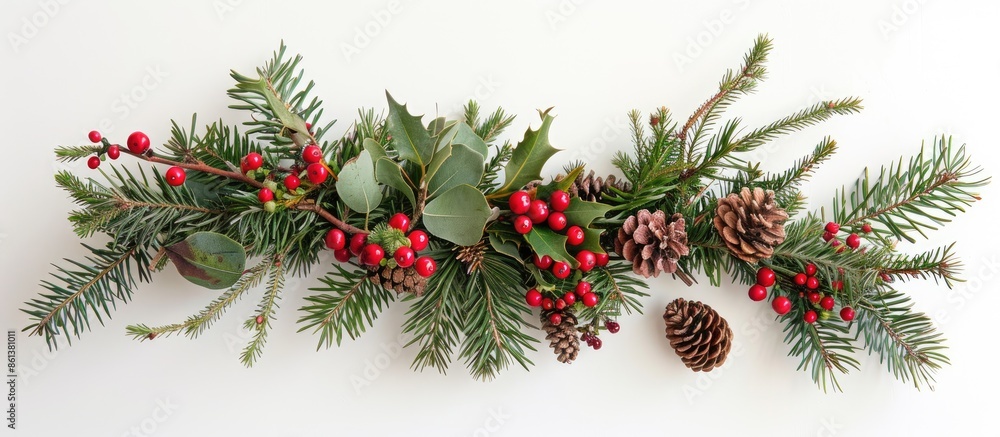 Poster top view of a festive new year's arrangement on a white background featuring evergreen branches, red