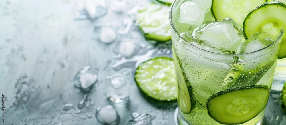 Poster Cool green cucumber cocktail on a light background with copy space image.