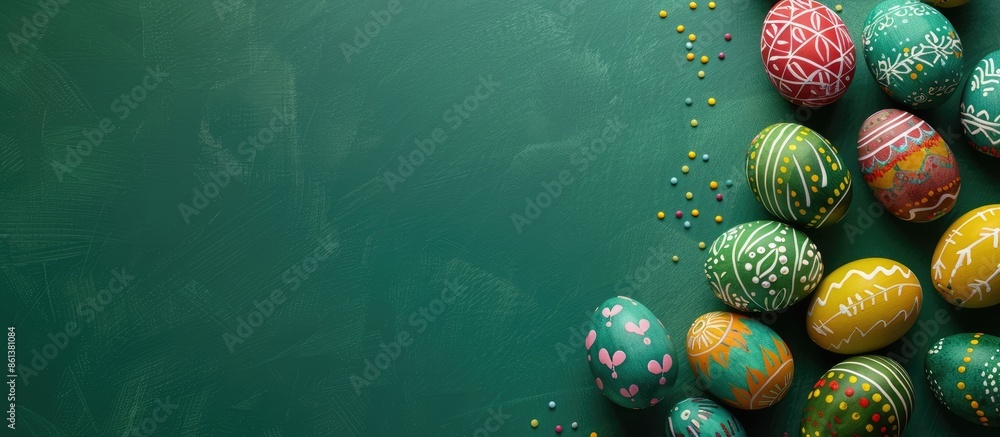Poster Stock photo of Easter eggs on a green background with space for text or graphics. copy space available