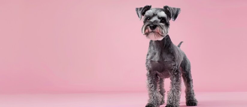 A small gray schnauzer dog standing on a pink background, looks at the camera in a full-body shot, creating a perfect copy space image.