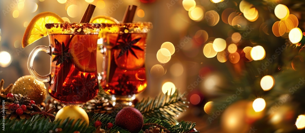 Poster festive ambiance with two glasses of mulled wine in a christmas setting. room for text in the image.