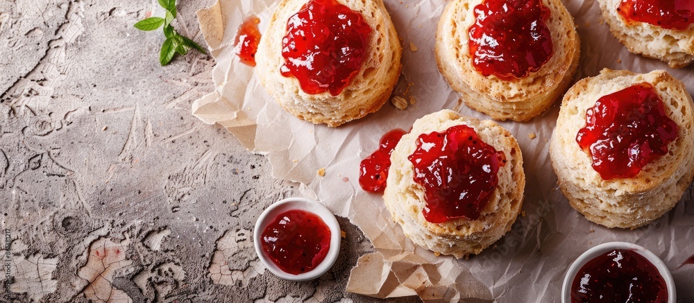 Poster partially consumed strawberry jam-topped biscuits shown in a copy space image.