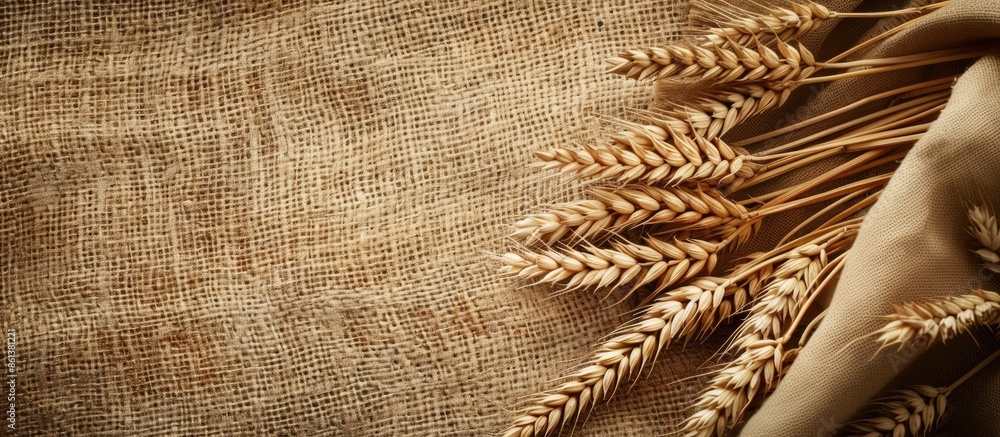 Poster Rustic scene with wheat ears on burlap backdrop including a canvas background for a copy space image.