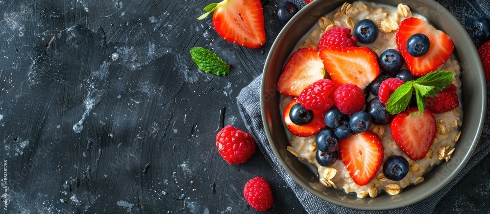 Poster healthy breakfast concept featuring oatmeal porridge with fresh berries and strawberries with a sele