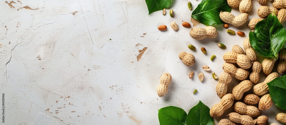 Poster White table with fresh peanuts and leaves arranged neatly, ideal for adding text in copy space image.