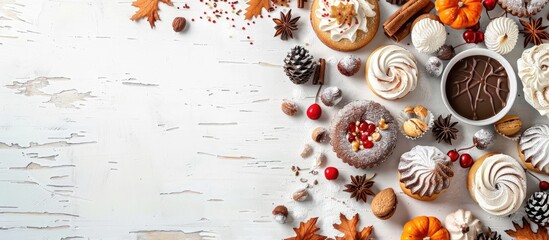 Autumn sweets on one side of the frame, displayed on a table with a variety of fall-themed desserts on a white wooden surface. Ample copy space image above.