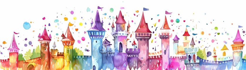 Fototapeta premium Colorful watercolor illustration of a fantasy castle with various turrets and towers, evoking a playful and whimsical fairy tale atmosphere.