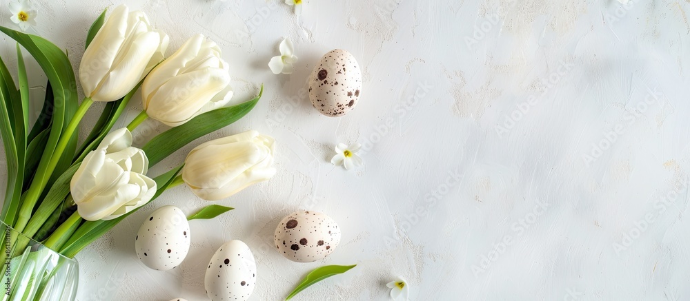Poster flat lay composition with white tulips in a vase and easter eggs on a light background, ideal for co