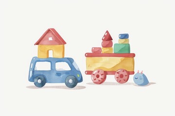 Naklejka premium Colorful watercolor illustration of toy car, train, and house blocks. Perfect for children's themes and playful designs.