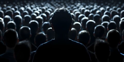 Dark silhouette manipulates crowd illustrating psychological impact of mass control. Concept Manipulation, Dark Silhouette, Crowd Control, Psychological Impact, Mass Manipulation