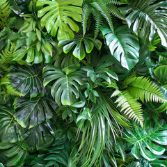 Green leaves of tropical plants including Monstera, palm, fern, rubber plant, pine, and birds nest fern arranged indoors in a garden setting.