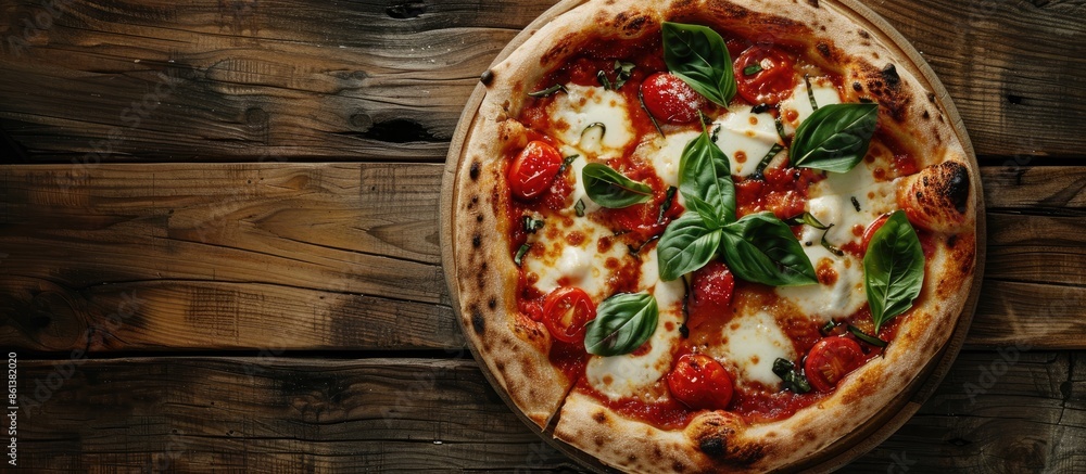 Poster Italian pizza displayed on a rustic wooden table with copy space image.
