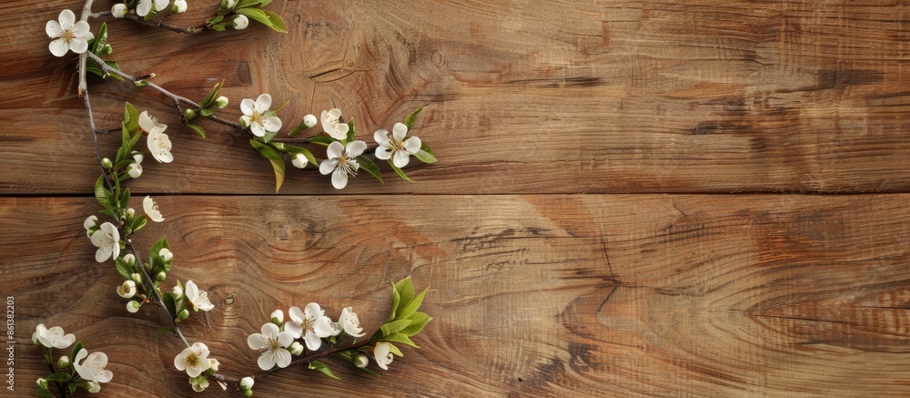 Poster Apricot tree branch in bloom against a wooden backdrop with a clear copy space image.