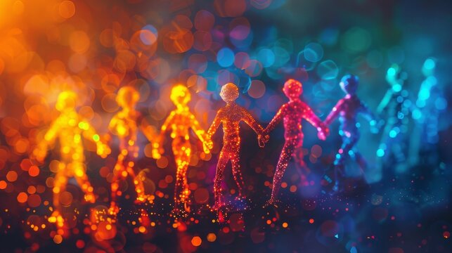 Glowing, abstract figures reaching towards each other, representing shared goals and unity